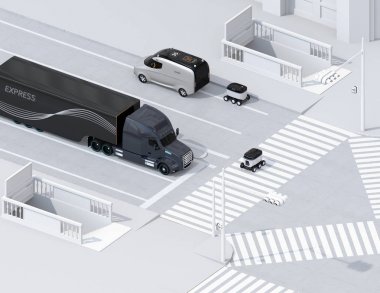 Kendi kendine giden teslimat robotunun izometrik görünümü bir yaya geçidi ile yoldan geçiyor. 3d render görüntüsü.