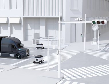 Sokakta kendi kendine giden teslimat robotları. Biri yaya geçidiyle karşıdan karşıya geçiyor. 3d render görüntüsü.