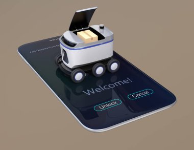 Akıllı telefonda kendi kendine giden teslimat robotu. Kapak kolileri almak için bekleyen açıldı. 3d render görüntüsü.