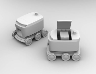 Kendi kendine sürüş teslimat robotlarının kil işlemesi. Birinin kapağı koli toplamak için açıldı. 3d render görüntüsü.