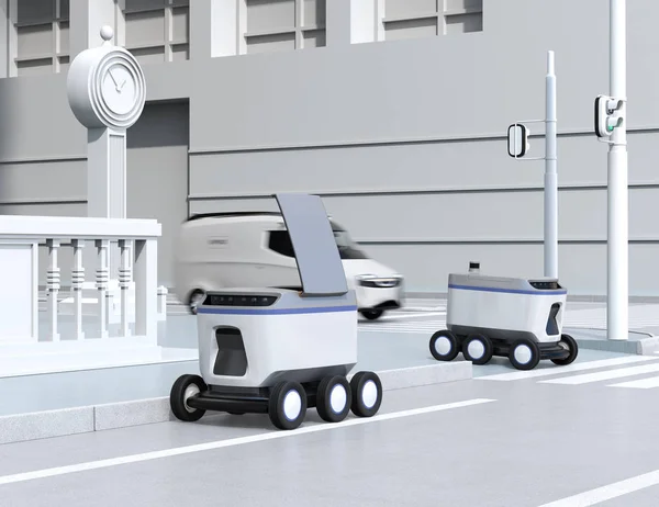 Самоуправляемые Роботы Доставки Движутся Улице Рендеринг Изображений — стоковое фото