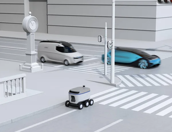 Self-driving delivery robot moving on the roadside. Delivery minivan and self-driving sedan passing the crossroad. 3D rendering image.