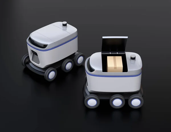 Self-driving delivery robots on black background. One\'s cover opened for picking parcels. 3D rendering image.