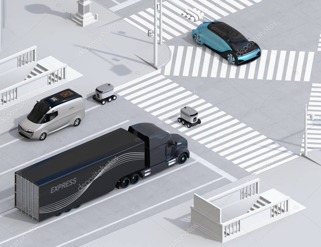 Isometric view of self-driving delivery robot crossing the road with a pedestrian crossing. 3D rendering image.