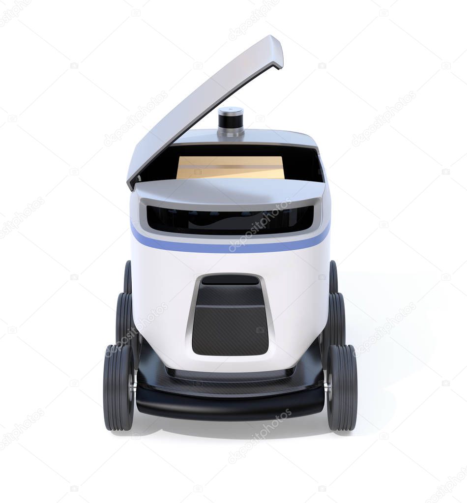 Front view of self-driving delivery robot isolated on white background. 3D rendering image.