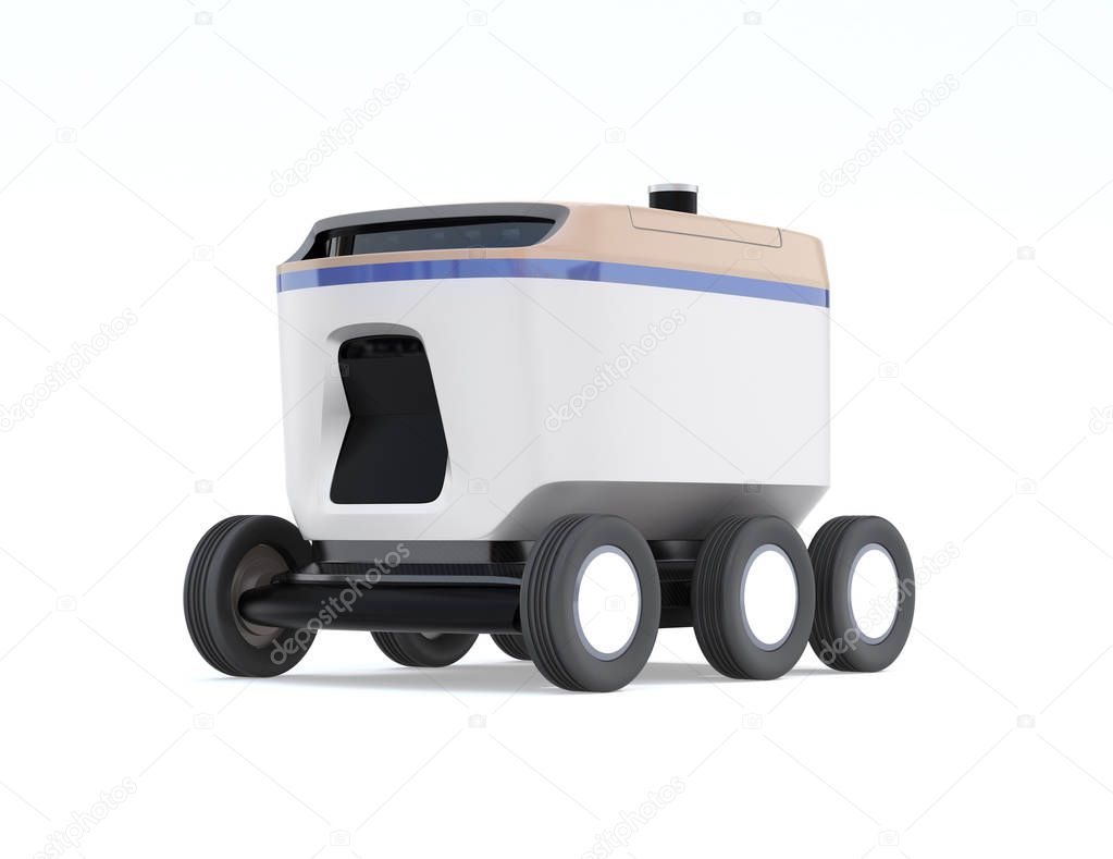 Self-driving delivery robot isolated on white background. 3D rendering image.