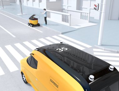 Akıllı telefon kilidini kullanarak düşük Çokgen tarzı adam ve kendinden sürüş teslimat robotu parsel almak. Son bir mil kavramı. 3D görüntü oluşturma.