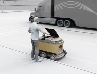 Akıllı telefon kilidini kullanarak düşük Çokgen tarzı adam kil render ve kendini sürüş teslimat robotu parsel almak. Son bir mil kavramı. 3D görüntü oluşturma.
