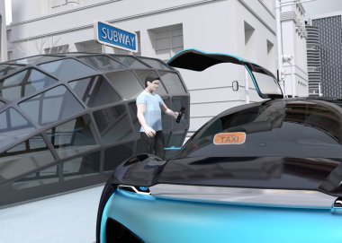 Bir adamın yakın çekim görünümü hareket için kendini sürüş araba istemek için Smartphone kullanın. Ride paylaşım kavramı. 3D görüntü oluşturma. 