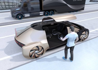 Düşük Çokgen tarzı insanlar hareket için kendini sürüş araba istemek için Smartphone kullanın. Ride paylaşım kavramı. 3D görüntü oluşturma. 