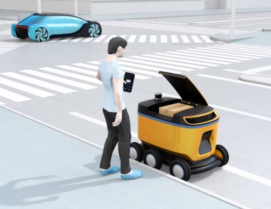 Akıllı telefon kilidini kullanarak düşük Çokgen tarzı adam ve kendinden sürüş teslimat robotu parsel almak. Son bir mil kavramı. 3D görüntü oluşturma.