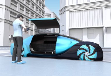 Düşük Çokgen tarzı insanlar hareket için kendini sürüş araba istemek için Smartphone kullanın. Ride paylaşım kavramı. 3D görüntü oluşturma. 