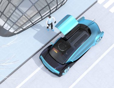 Düşük Çokgen tarzı insanlar hareket için kendini sürüş araba istemek için Smartphone kullanın. Ride paylaşım kavramı. 3D görüntü oluşturma. 