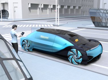 Düşük Çokgen tarzı insanlar bir kendinden sürüş otomobilin kapısını kilidini açmak için akıllı telefon kullanın, karşılama mesajı kapıda görünür. Ride paylaşım kavramı. 3D görüntü oluşturma. 