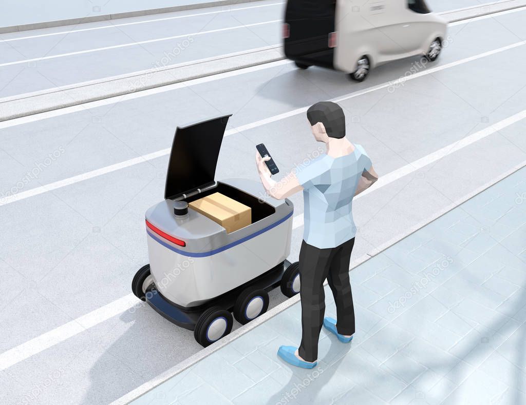 Low polygon style man using smartphone to unlock self-driving delivery robot's door. Last one mile concept. 3D rendering image.