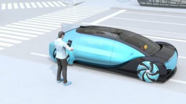 Düşük Çokgen tarzı insanlar bir kendinden sürüş otomobilin kapısını kilidini açmak için akıllı telefon kullanın, karşılama mesajı kapıda görünür. Ride paylaşım kavramı. 3D görüntü oluşturma. 