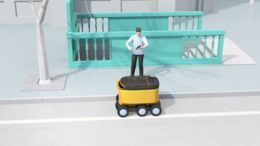 Düşük poligon tarzı adam kendi kendine sürüş teslimat robotun kapısını kilidini açmak için akıllı telefon kullanarak. Son bir mil konsepti. 3d render animasyonu.