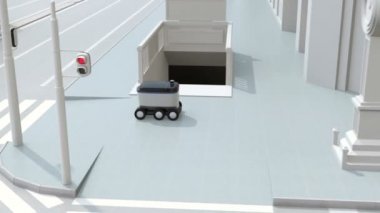 Yol kenarında hareket eden kendi kendine giden teslimat robotu. Kavşakta geçen minibüs üte. 3d render animasyonu.