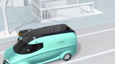 Kendi kendine giden teslimat robotları ve sokakta teslimat minibüsü. 3d render animasyonu.