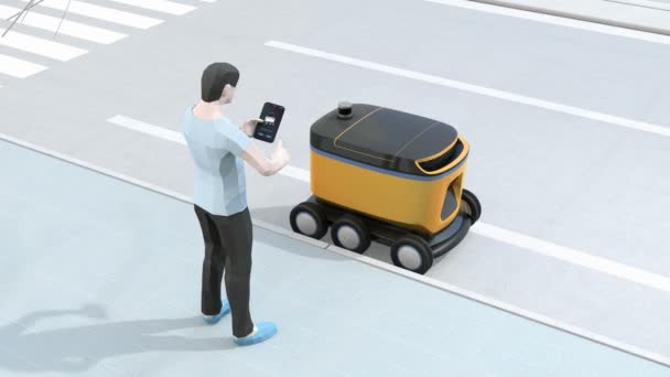 スマートフォンを使用して 自動運転配達ロボットのドアのロックを解除する低ポリゴンスタイルの男 最後の1マイルのコンセプト レンダリング アニメーション — ストック動画