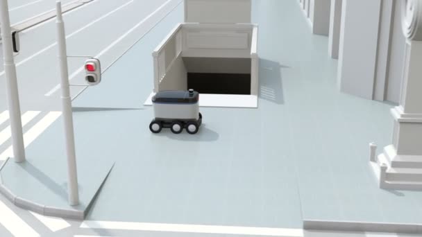 自动驾驶送货机器人在路边移动 运送通过十字路口的小型货车 渲染动画 — 图库视频影像