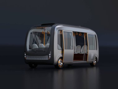 Siyah arka planda kendi kendine giden servis otobüsü. 3d render görüntüsü. 