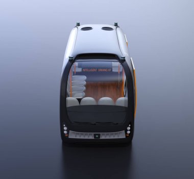 Siyah arka planda kendi kendine giden servis otobüsünün ön görünümü. 3d render görüntüsü. 