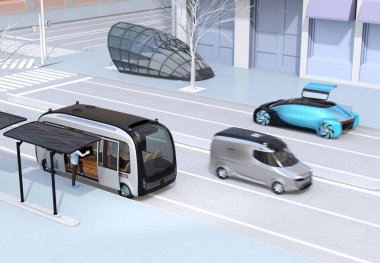 Modern şehir içi ulaşım tarzısahne. Otobüs durağında otonom otobüs. Elektrikli minibüs yolda hareket ediyor. Kavşağa yakın metro girişi. 3d render görüntüsü.