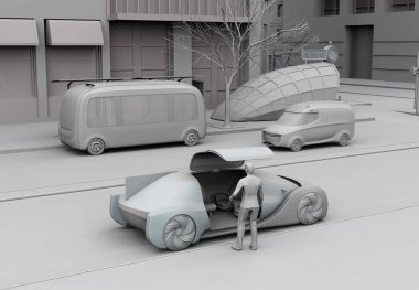 Kent yaşamında ulaşım sahnesikil render. Sürüş paylaşım hizmeti istemek için akıllı telefonu kullanan kişiler. Otonom otobüs durağında ve elektrikli minibüs yolda hareket ediyor. 3d render görüntüsü.