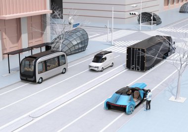 Modern şehir içi ulaşım tarzısahne. Bir yolculuk paylaşımı talep etmek için akıllı telefon kullanan insanlar, otobüs durağında otonom otobüs. Elektrikli kamyon ve minibüs yolda ilerliyor. Kavşağa yakın metro girişi. 3d render görüntüsü.