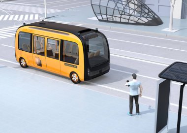 Düşük poligon tarzı adam kendi kendine sürüş servis otobüsü paylaşan bir sürüş istemek için akıllı telefon kullanarak. Otobüs otobüs durağını kapatıyor. 3d render görüntüsü. 
