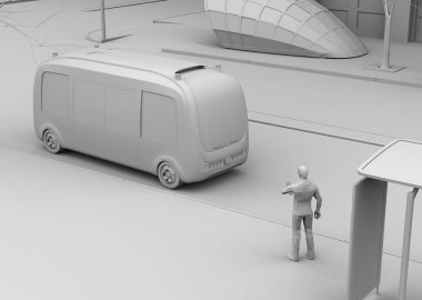 Otobüs durağında bir adamın kil leziz tasviri. Elektrikli otonom servis otobüsü otobüs durağına yaklaşıyor. 3d render görüntüsü. 