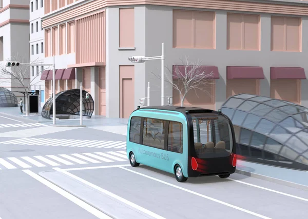 Self-driving shuttle bus driving through a intersection. A man waiting the bus in bus stop. 3D rendering image.