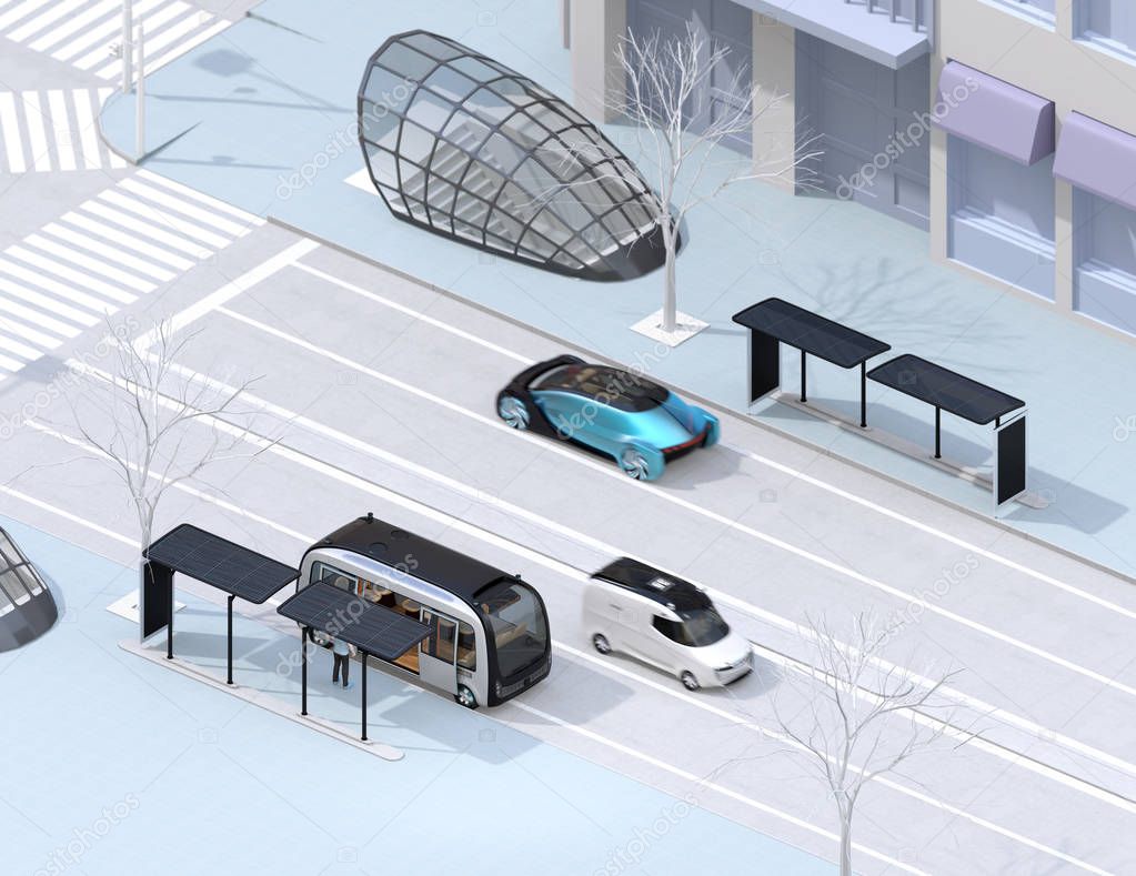 Isometric view of modern city intersection. Autonomous bus in bus stop. Self driving sedan and minivan on the road. 3D rendering image.