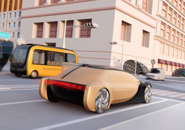 Otonom Sedan ve otobüs arka görünümü gün batımında bir kavşak üzerinden sürüş. 3D görüntü oluşturma. 