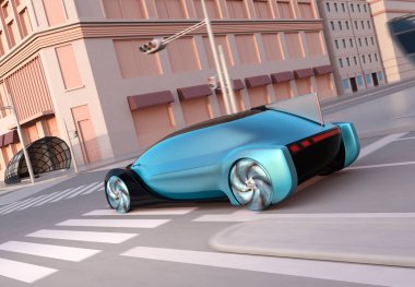 Yol üzerinde sürüş metalik mavi kendinden sürüş Sedan arka görünümü. Ride paylaşım kavramı. Günbatımı tonu. 3D görüntü oluşturma. 