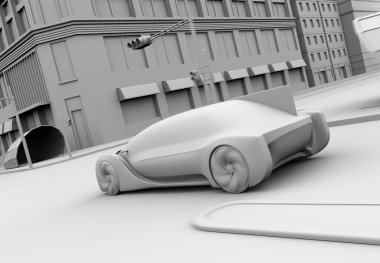 Kendini sürüş Sedan yolda sürüş kil render. Ride paylaşım kavramı. 3D görüntü oluşturma. 