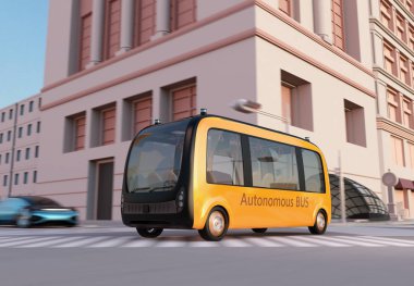 Sarı Self-sürüş servis otobüsü bir kavşak üzerinden sürüş. 3D görüntü oluşturma. 