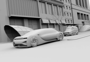 Kendini sürüş Sedan yolda sürüş kil render. Ride paylaşım kavramı. 3D görüntü oluşturma. 