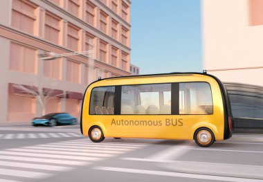 Sarı Self-sürüş servis otobüsü bir kavşak üzerinden sürüş. 3D görüntü oluşturma. 