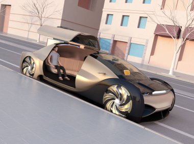 Düşük Çokgen tarzı insanlar hareket için bekleyen bir otonom Sedan oturuyor. Günbatımı tonu. Ride paylaşım kavramı. 3D görüntü oluşturma. 