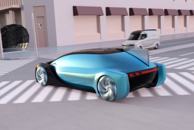 Kendini sürüş Sedan arka görünüm gün batımı yolda hızlı sürüş. Minibüs kırmızı trafik sinyalinde durur. Ride paylaşım kavramı. 3D görüntü oluşturma.