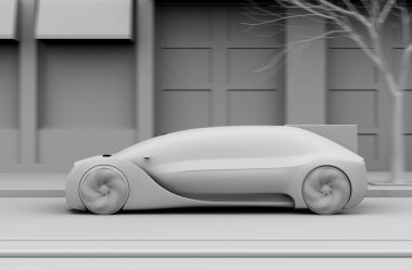 Özerk Sedan Clay render hızlı yolda hareket. 3D görüntü oluşturma.