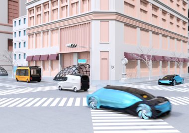 Mavi otonom Sedan, sarı otobüs ve dağıtım minibüsü kavşak üzerinde sürüş. 3D görüntü oluşturma.