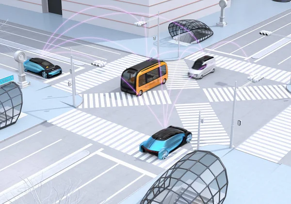 近代的な都市の交差点のトラフィック 自動運転セダン デリバリーバン バスはピンクのカーブでつながっています コネクテッドカーのコンセプト レンダリング イメージ — ストック写真