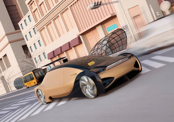 Golden color self driving sedan driving on the road. Ride sharing concept. 3D rendering image.