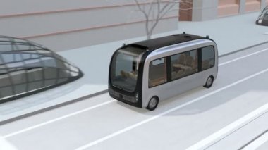 Otobüs durağına yakın bir kavşaktan geçen self-driving servis otobüsü. Otobüs durağında bekleyen insanlar. 3d render animasyonu. 