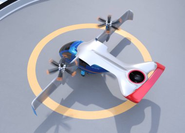 E-Vtol yolcu uçağı havaalanından havalandı. Kentsel Yolcu Hareketliliği konsepti. 3d render görüntüsü.