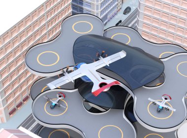 Havaalanına kapanan E-Vtol yolcu uçağı inmeye hazırlanıyor. Kentsel Yolcu Hareketliliği konsepti. 3d render görüntüsü.