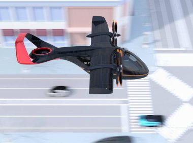 E-Vtol yolcu uçağının yan görünümü cadde üzerinde uçuyor. Güneş paneli kanatları üzerine monte edilmiştir. Kentsel Yolcu Hareketliliği konsepti. 3d render görüntüsü.